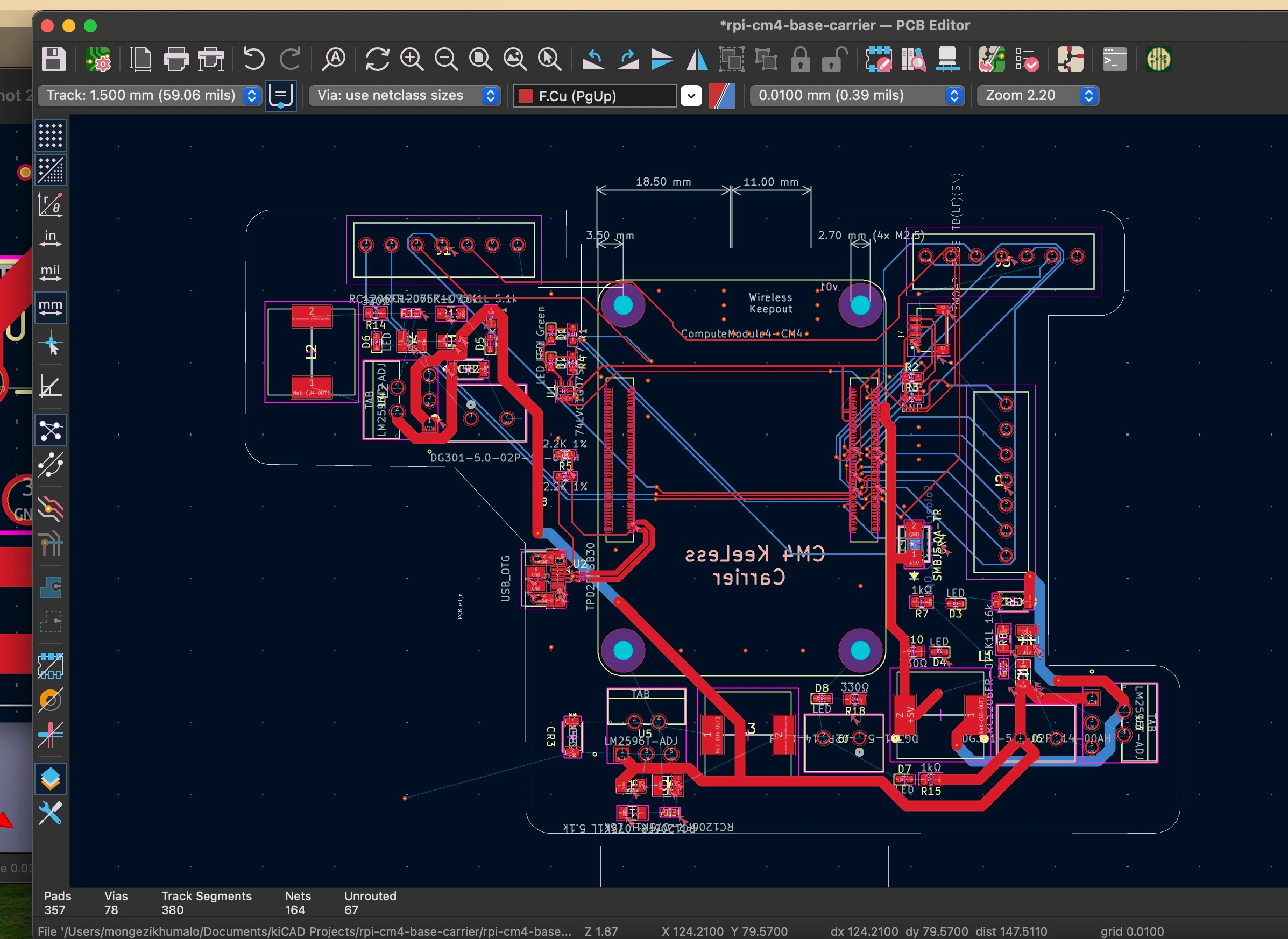 KiCad PCB editor showing the CM4 KeeLess Carrier board layout