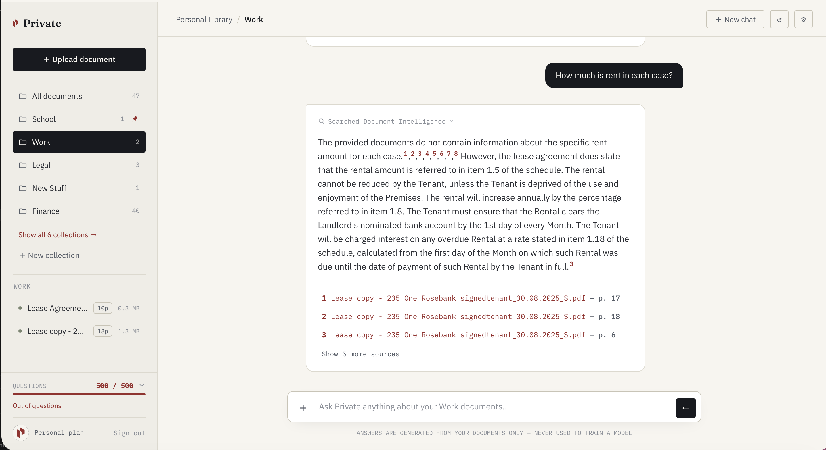 Private app showing a document collection with a question about lease rental amounts, answered with citations from multiple pages