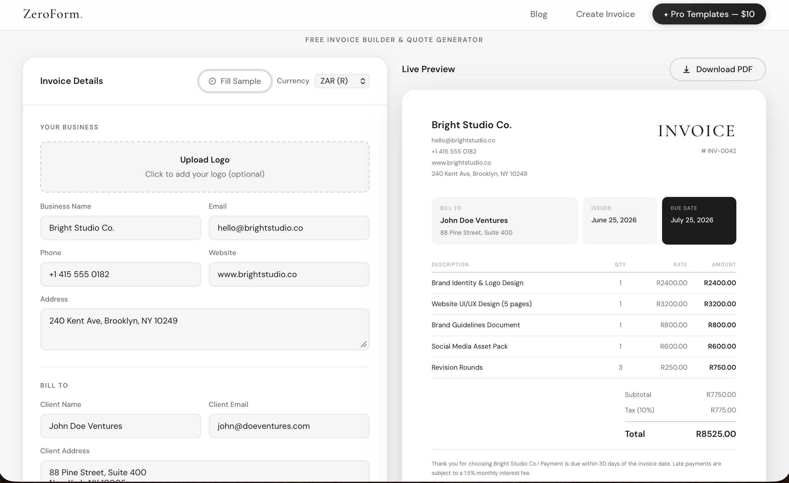ZeroForm website screenshot